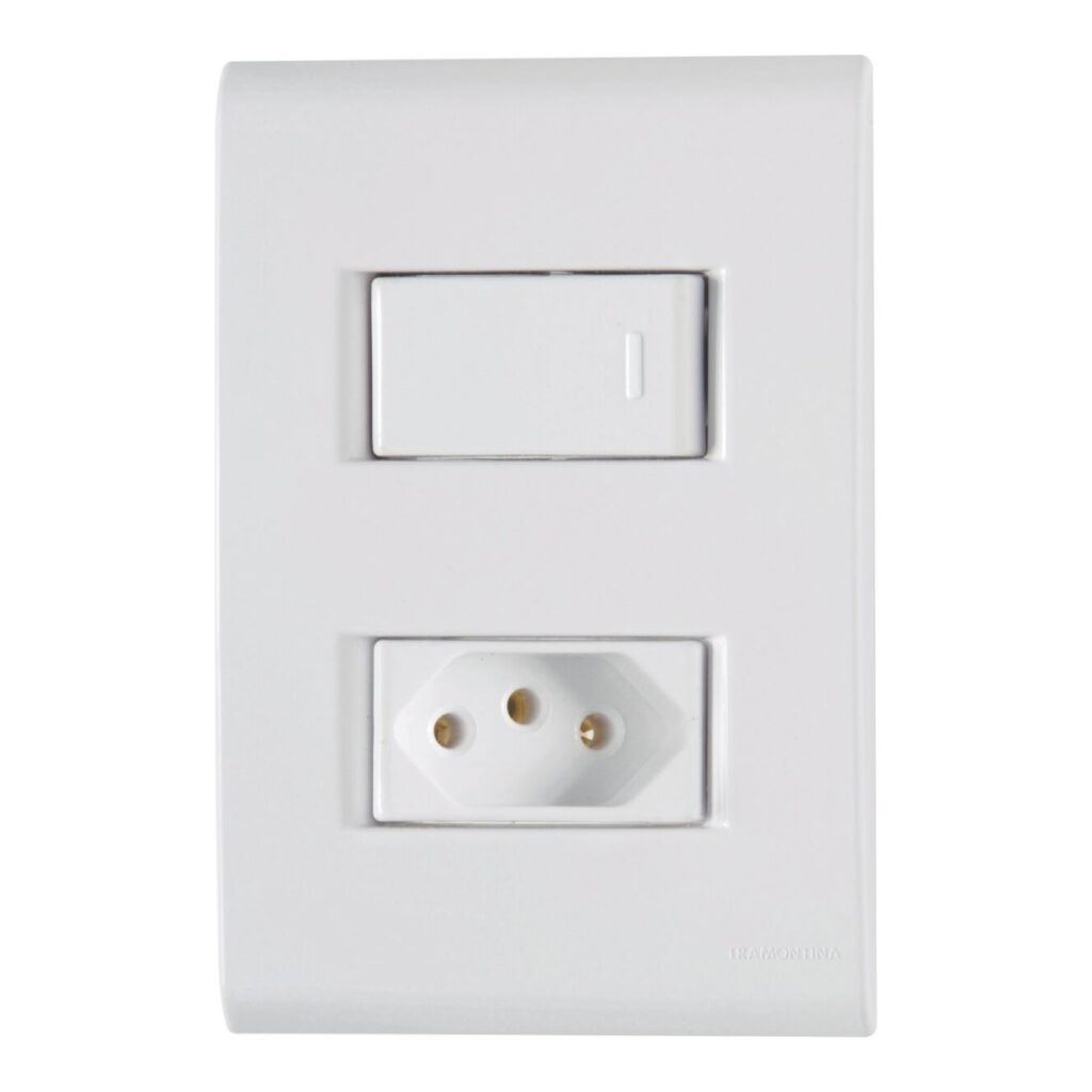 Conjunto 4×2 com 1 Interruptor Simples e 1 Tomada 2P+T 10 A Tramontina Liz Branco – Ref. 57170264