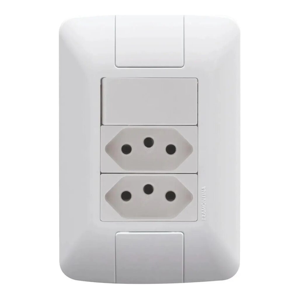 Conjunto 4×2 com 1 Interruptor Simples e 2 Tomadas 2P+T 10 A Tramontina Aria Branco – Ref. 57241087