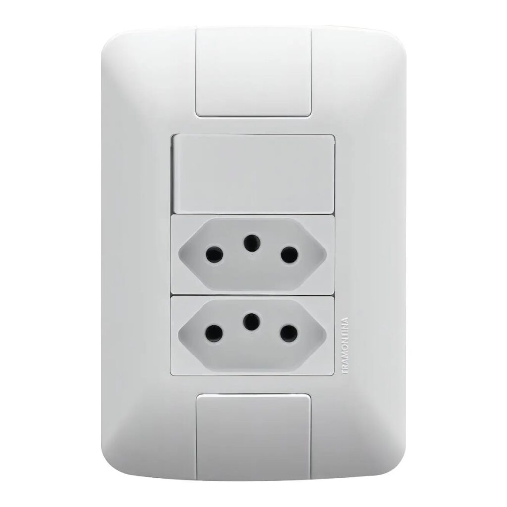 Conjunto 4×2 com 1 Interruptor Simples e 2 Tomadas 2P+T 20 A Tramontina Aria Branco – Ref. 57241086
