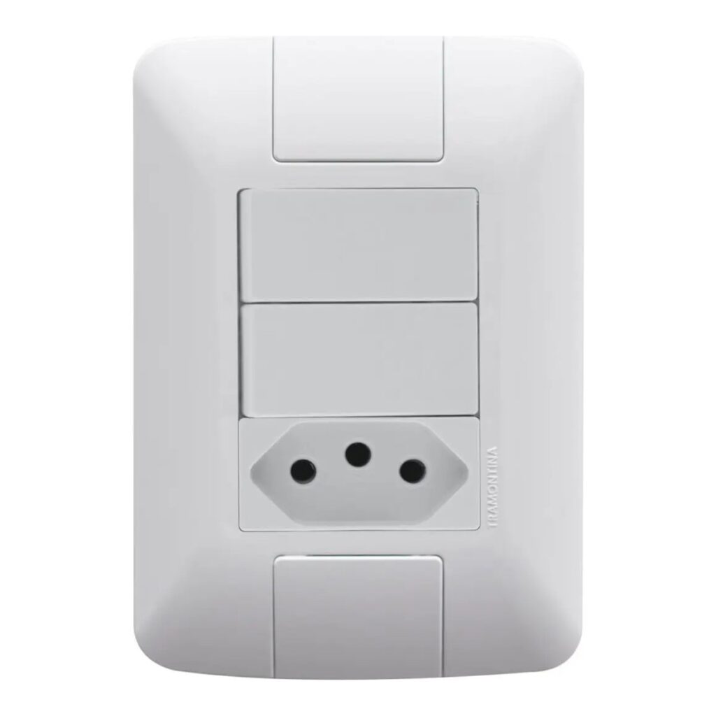 Conjunto 4×2 com 2 Interruptores Simples e 1 Tomada 2P+T 10 A Tramontina Aria Branco – Ref. 57241073