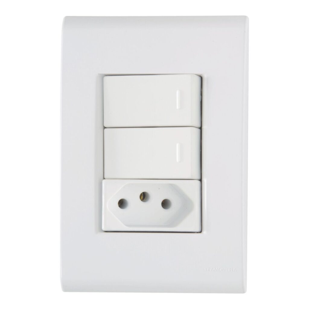 Conjunto 4×2 com 2 Interruptores Simples e 1 Tomada 2P+T 20 A Tramontina Liz Branco – Ref. 57170071