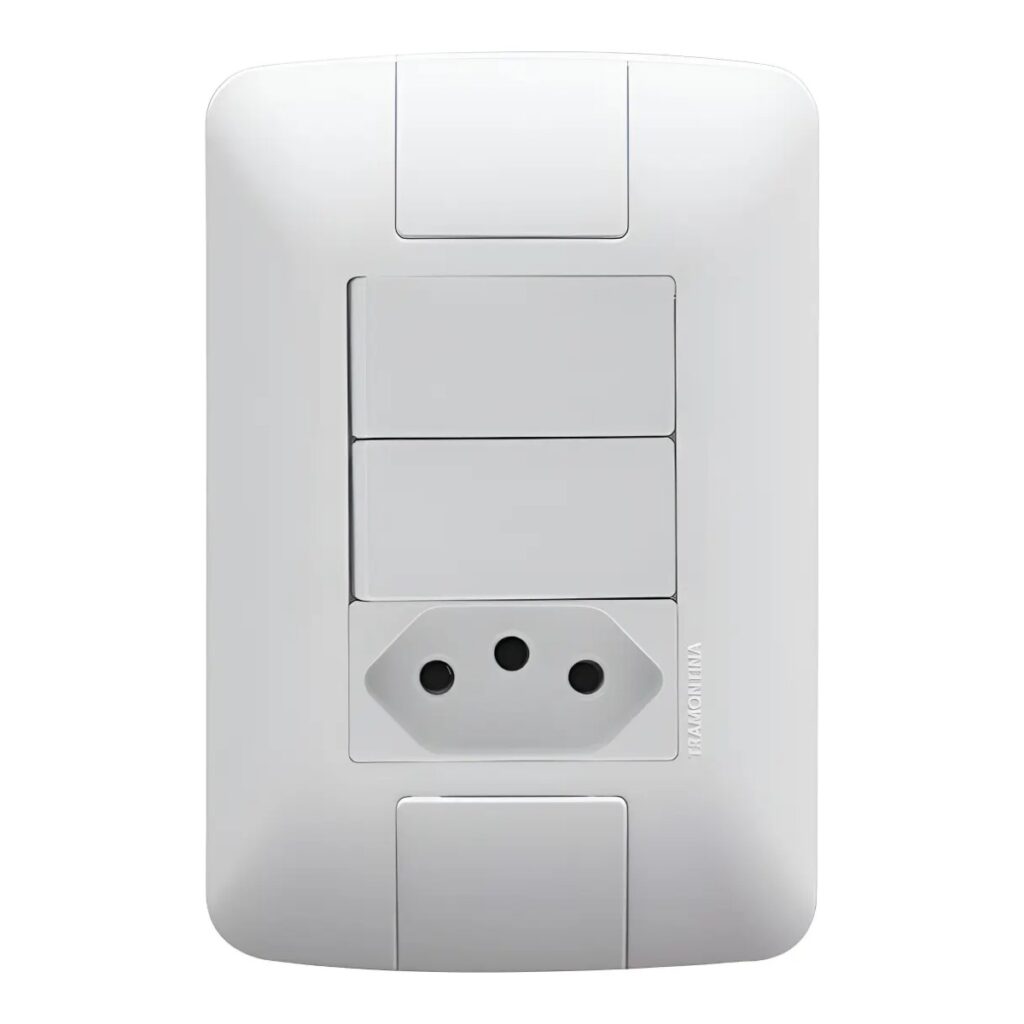 Conjunto 4×2 com 2 Interruptores Simples e 1 Tomada 2P+T 20 A Tramontina Aria Branco – Ref. 57241071